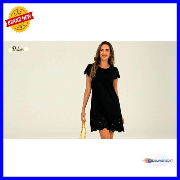 Short Sleeve Pleated Mini Dress Hollow Out Embroidery Casual Elegant Summer - Picture 7 of 7